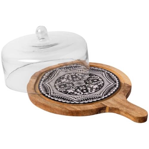 CRO-GTS-20-1723.jpg PRESTIGE WOOD MANGO ENAMEL COATING ROUND WITH HANDLE GLASS CLOCHE MAROCCO 36X27X17CM BLACK GTSA - Image 1