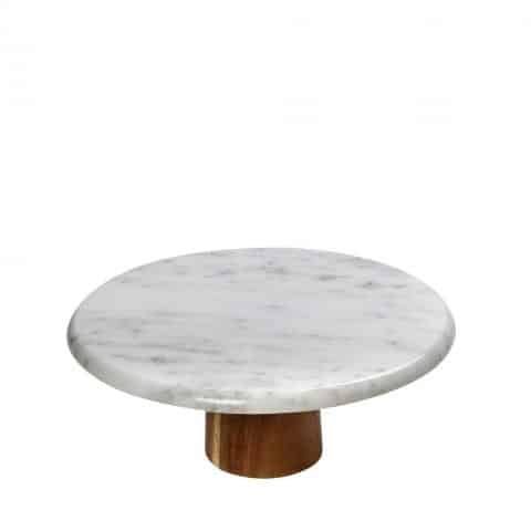 BUF-ESP-FAV237.jpg PLATTER ROUND MARBLE WHITE FOOTED ACACIA STAND 30X10CM ESPIEL - Image 1