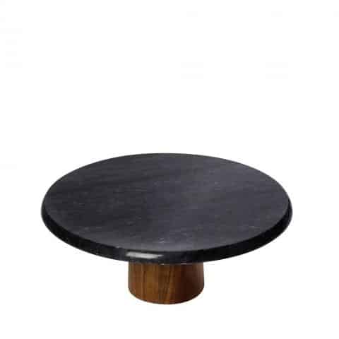 BUF-ESP-FAV239.jpg PLATTER ROUND MARBLE BLACK FOOTED ACACIA STAND 30X10CM ESPIEL - Image 1