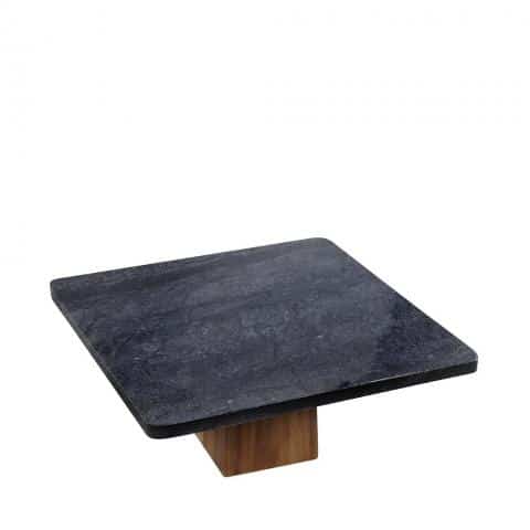 BUF-ESP-FAV243.jpg PLATTER SQUARE MARBLE BLACK FOOTED ACACIA STAND 30X11CM ESPIEL - Image 1