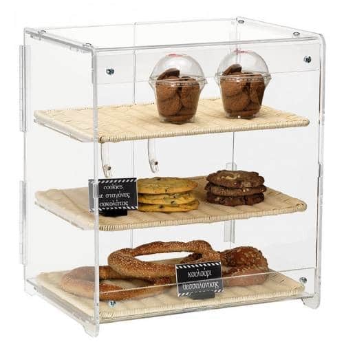 BUF-GAR-VIT05-3P.jpg BUFFET SHOW CASE DISPLAY CASHIER WITH THREE POLY RATTAN TRAYS 32X42X55CM GARIBALDI - Image 1