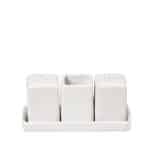 BY ORDER - SIDERS IVORY PORCELAIN SALT, PEPPER, TOOTHPICK POT SET WITH TRAY ESPIEL
