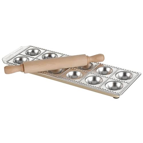PBP-LOU-N7913.jpg BY ORDER RAVIOLI MOULD 12 ACTIVITIES WOODEN ROLLING PIN AND STAMP ALUMINIUM 5.5X5.5CM IMPERIA - Image 1