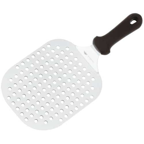 PBP-PAD-18302-01.jpg BY ORDER PIZZA PEEL PERFORATED WITH HANDLE S/S 18CM BLACK HANDLE PADERNO - Image 1