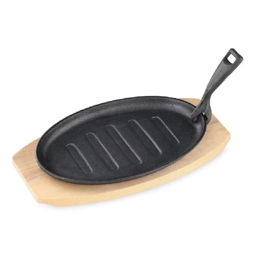 TAB-GTS-38-659.jpg SIZZLE PLATE OVAL CAST IRON WITH WOOD BASE 27X17.5CM GTSA - Image 1