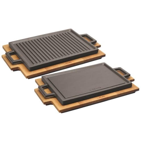 TAB-PAD-44226S30.jpg GRIDDLE WITH WOODEN PLATTER 22X30CM ENAMELLED CAST IRON PADERNO - Image 1