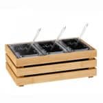 CRATE BAMBOO STAND SET 3X BLACK CONTAINERS 1/3-15 5.5L-LIDS CLEAR-DRAINERS-SPOONS GARIBALDI BY ORDER